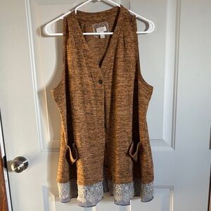 LOGO by Lori Goldstein Tan Cardigan with Lace Detail
